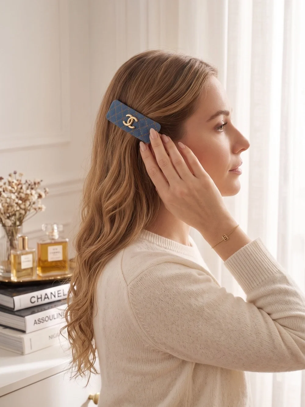 Blue Quilted Denim Barrette with Gold CC Hardware